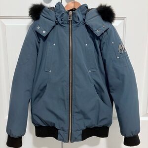 Moose Knuckles Blue Hooded Bomber Jacket with Black Fur Trim